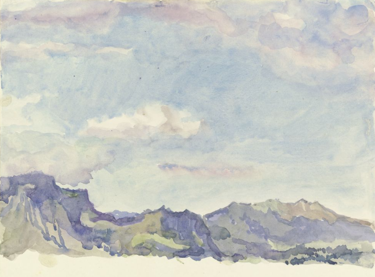 A watercolor painting by Richard Petraschke called 'Autumn in the mountains' shows a mountain range in the lower third, largely made up of purple hues with some yellows and tans interspersed. The top two thirds of the painting show a light blue sky with light grey and purple clouds.